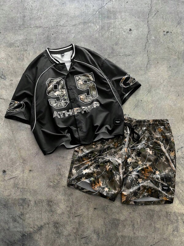 AXEPEAK Men's Loose Digital Print Short Sleeve Knit Shirt & Shorts Set, Streetwear Essentials