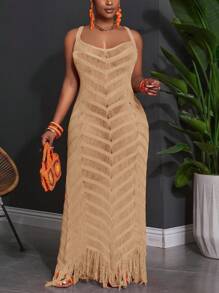 Slaydiva Plus Size Summer Sleeveless Vacation Hollow-Out Sheer Maxi Bodycon Dress Mesh Maxi Dress Knit Maxi Dress Gold Maxi Dress Tan Maxi Dress - Khaki - View 1