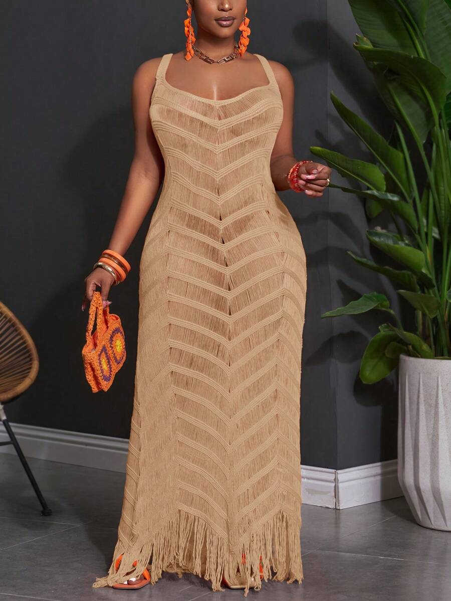Slaydiva Plus Size Summer Sleeveless Vacation Hollow-Out Sheer Maxi Bodycon Dress Mesh Maxi Dress Knit Maxi Dress Gold Maxi Dress Tan Maxi Dress - Khaki - View 1