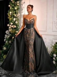 Glamrae 优雅奢华露肩缎面亮片和珠饰美人鱼长裙，适合婚礼、派对、度假、舞会和活动（重度装饰） - 黑色 - 查看 7