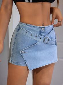 SHEIN ICON Shorts vaqueros casuales de diseño asimétrico para mujer para el verano - Azul - Ver 6