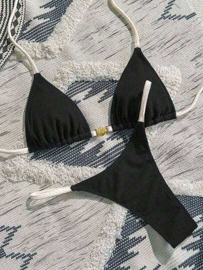 SHEIN Swim 2 件套女士夏季休闲沙滩装纹理拼接金属贝壳装饰性感三角杯航海风格海军蓝和白色比基尼套装