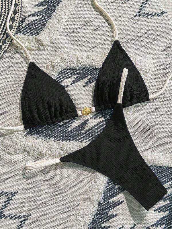 SHEIN Swim 2pcs Women Summer Casual Beach Outfit Textured Splice Metallic Shell Decor Sexy Triangle Cup Nautical Style Navy Blue & White Bikini Set