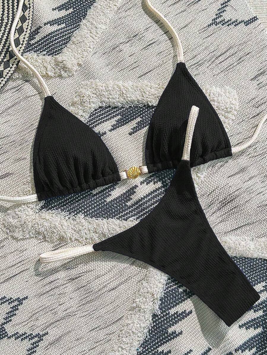 SHEIN Swim 2 件套女士夏季休闲沙滩装纹理拼接金属贝壳装饰性感三角杯航海风格海军蓝和白色比基尼套装 - 黑色 - 查看 1