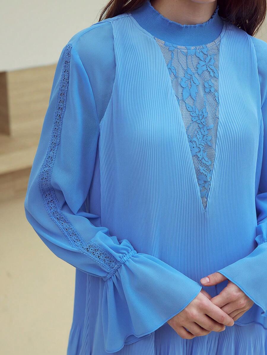 MOTF STUDIO VESTIDO RECOGIDO CON ENCAJE DE CONTRASTE - Azul - Ver 1
