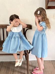 LMoss Kids LMoss  Baby Girl Woven Color Block Crew Neck Sleeveless Fitted Casual Dress  Setsisters Outfit - Blue - View 7