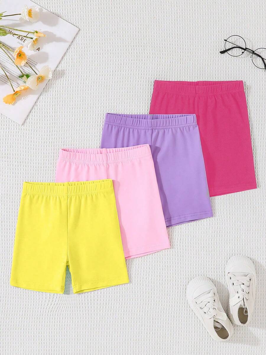 SHEIN Niña joven Conjunto de 4 piezas de pantalones cortos casuales cómodos, adecuados para usar en exteriores o deportes diarios, ideal para salidas de verano - Multicolor - Ver 1
