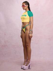 SUMWON WOMEN 复古图案婴儿 T 恤高开叉比基尼套装两件套 Y2K 节沙滩泳装，高腿撞色绑带夏季沙滩装泳池派对 - 黃色 - 查看 7