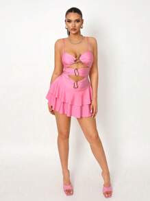 Zolique 女士金属装饰深 V 领性感无袖洋红色连体裤，适合度假穿着 - 粉色 - 查看 1