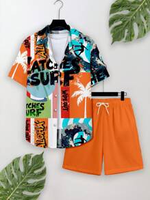 Manfinity RSRT Men All-Over Print Front Button Short Sleeve Shirt And Cargo Shorts Set - Multicolor - View 3