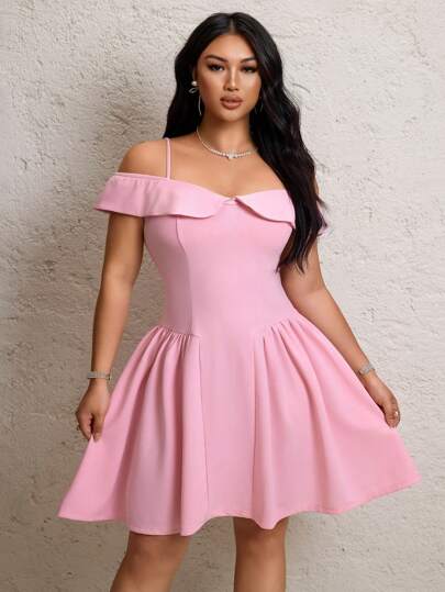 Lyrianda Plus Size Women Pink Sweet Girl's Off Shoulder A-Line Dress