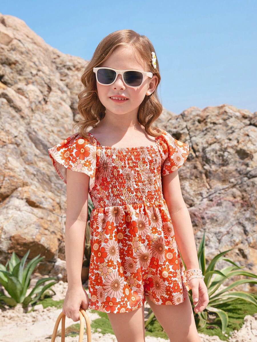 Joliand Joliand Jumpsuit De Niña Joven Con Volantes Y Estampado De Flores, Con Escote Cuadrado Y Mangas Cortas, Lindo Y Casual - Multicolor - Ver 1