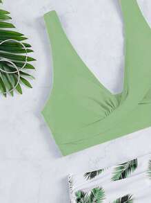 SHEIN Swim Summer Beach Tropical Print Drawstring Side Bikini Set High Waisted Bikini Set - Green - View 5