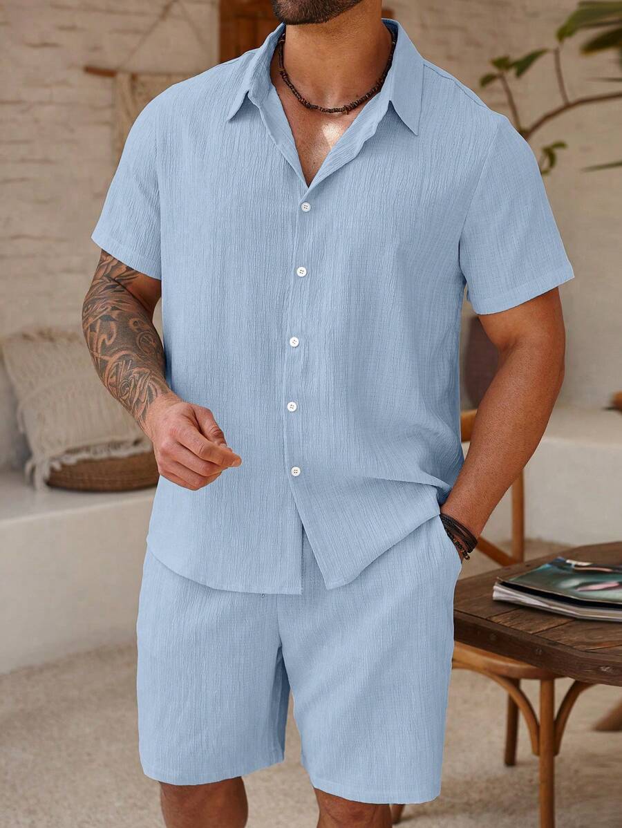Manfinity Homme 1 Set Plus Size Men Single-Breasted Short Sleeve Shirt And Shorts Set - Baby Blue - View 1