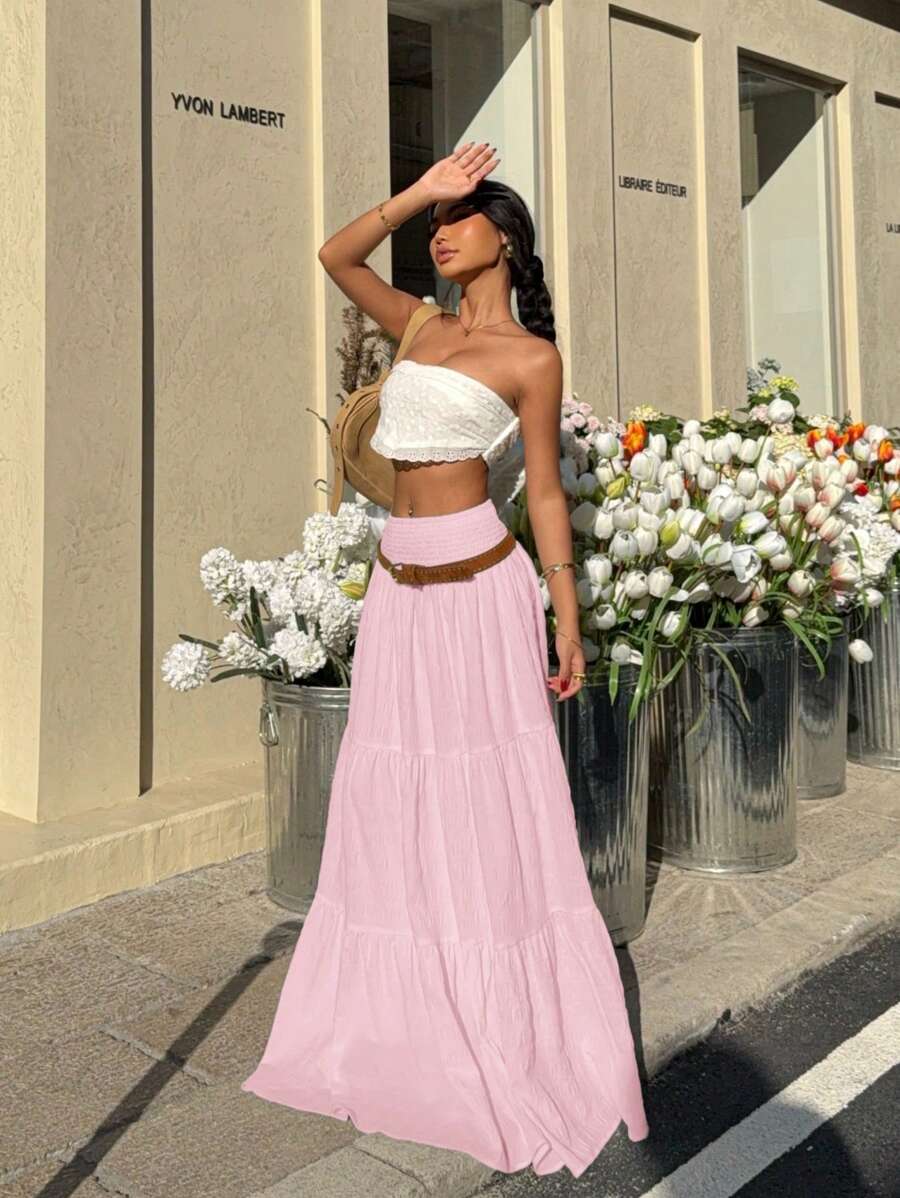 MainGRL Casual Pink Pleated Waist Ruffle Hem Women Summer Skirt - Pink - View 1