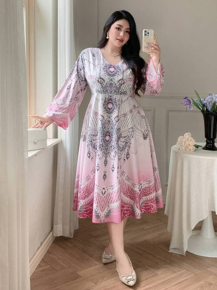 Dazy Plus Plus Size Floral Print V-Neck Waisted Flare Sleeve Long Dress