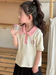 DAZY HELLO KITTY | DAZY Young Girl Collared Color Block Print Knit Short Sleeve T-Shirt, Spring/Summer For Young Girl