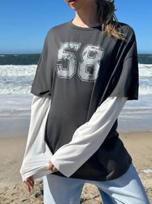 SHEIN EZwear T-Shirt 2 En 1 À Lettres Épaule tombante - Gris - Voir 2