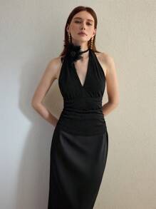 MOTF STUDIO Neckholder Top mit Blumen Flicken - Schwarz - Übersicht 4