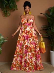 Maweii 大码 V 领无袖腰部收腰花卉印花连衣裙