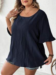 SHEIN CURVE+ Women Plus Size Khaki Blouse, Ruffled Short Sleeve Loose Hem Casual Holiday Beach Outfits For Woman/Beach /Beach Vacation Outfits/Beach Essentials / Graduation/Tea Party  Summer/Country/Beach Vacation Outfits/Beach Outfits/Beach Wear - Navy Blue - View 5