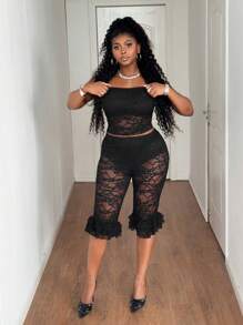 Maweii Bộ 2 áo crop top ren gợi cảm cỡ lớn màu đen và quần dài 3/4, mặc khi hẹn hò, mặc hàng ngày - màu đen - Xem 4