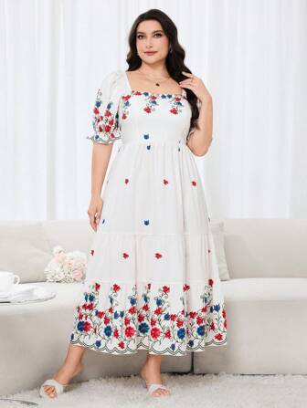 Modelyn 大码短袖方领时尚连衣裙，适合夏季