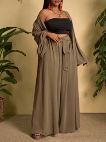 Slaydiva Conjunto informal versátil y sencillo de 2 piezas en blanco, talla grande, para 2025 - Blusa con manga farol + Pantalón ancho/holgado/fluido para primavera