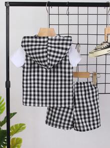 Conjunto de 3 piezas para niños pequeños compuesto por: sudadera de cuello redondo de manga corta con gráfico de letras, pantalones cortos casuales con estampado de palmeras de cintura elástica. Apropiado para exteriores, vacaciones, compras, fiestas, sesiones de fotos, etc. - Negro - Ver 4