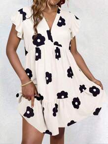 Vestido midi de flores de tallas grandes con escote en V, mangas con volantes y contraste de colores para mujer - Beis - Ver 1