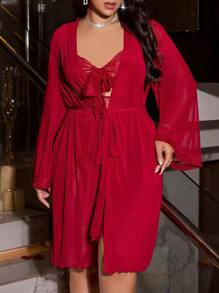 SHEIN طقم غرزة الدانتيل الشاذفة والرداء الحريري الليلي الجذاب - عنابي اللون - مشاهدة 4