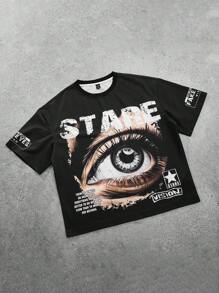 Manfinity Roghcode Manfinity Streetrush Men's Casual Eye Graphic Slogan Print T-Shirt, Summer - Black - View 3