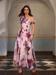 ZEYLAH Romantic Elegant One Shoulder Bowknot & Floral Print Waist Cinched Maxi Dress, Spring And Summer - Multicolor - View 5