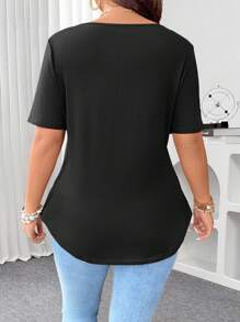 Calvaya Zip V-Neck Solid Color Short Sleeve Bodycon Plus Size T-Shirt, Going Out Tops For Women In Summer BASICS - Black - View 2