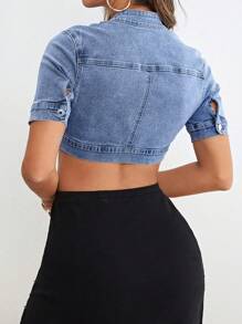 SHEIN ICON 大码时尚休闲百搭水洗短袖牛仔衬衫 - 中等水洗藍 - 查看 2