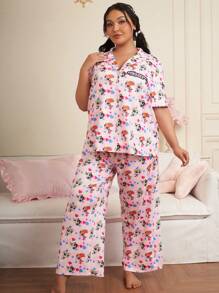 THE POWERPUFF GIRLS X SHEIN Conjunto de pijama con blusa de manga corta y pantalón largo con estampado de Flor, Burbuja, Florecita en talla grande