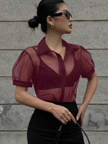 DAZY Casual Business Sheer Mesh Chiffon Cropped Blouse, Simple Short Sleeve Women Shirt - Burgundy - View 4
