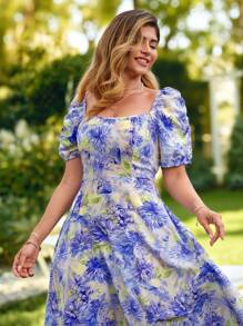 KURAYIA Vestido de mujer de talla grande con cuello cuadrado, manga abultada y estampado floral