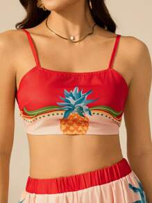 CAJUNI 女士波西米亚风彩色热带菠萝印花蕾丝上衣，夏季休闲沙滩上衣 - 彩色 - 查看 5