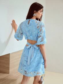 MOTF STUDIO GUIPURE LACE KNOT MINI DRESS - Blue - View 1