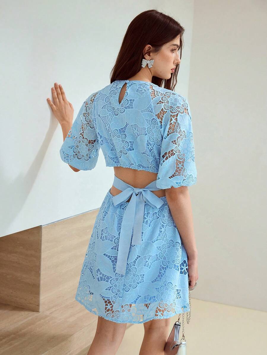 MOTF STUDIO GUIPURE LACE KNOT MINI DRESS - Blue - View 1