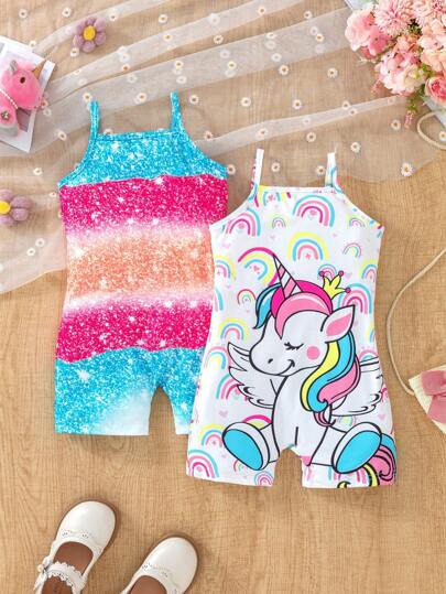 2件套少女彩色渐变色独角兽数码印花针织连体裤