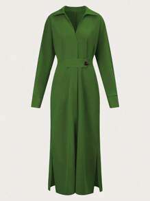 Chiquease 纯色 V 领高腰侧开衩长裙女装 - 軍綠色 - 查看 6