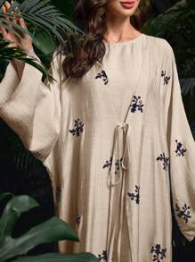 Al Najma 2件套女士夏季休闲长袖开衫和连衣裙套装 - 卡其色 - 查看 3