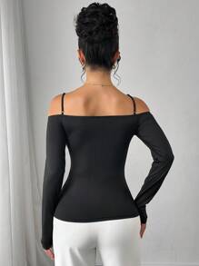 Modelyn Women Spring/Summer Off Shoulder Halter Rose Flower Metal Button Elegant Knitted T-Shirt - Black - View 2