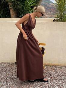 Livesso Women Colorblock V-Neck Cinched Waist Flare Long Dress, Summer Linen