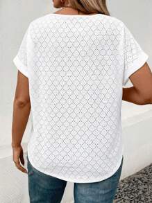 SHEIN VCAY Nueva camiseta de manga corta suelta con cuello en V de jackard para mujer de talla grande de moda casual