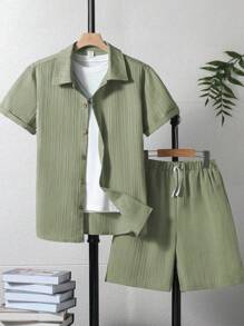 Set van 2 casual effen shirts en shorts voor tienerjongens, zomer