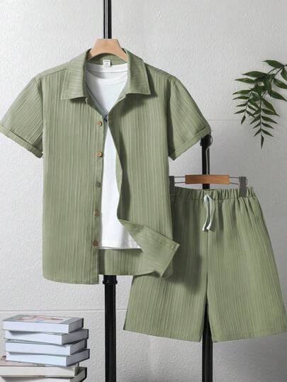 2pcs Teen Boys' Casual Solid Color Short Sleeve Shirt And Shorts Set, Summer, School, Campus, College