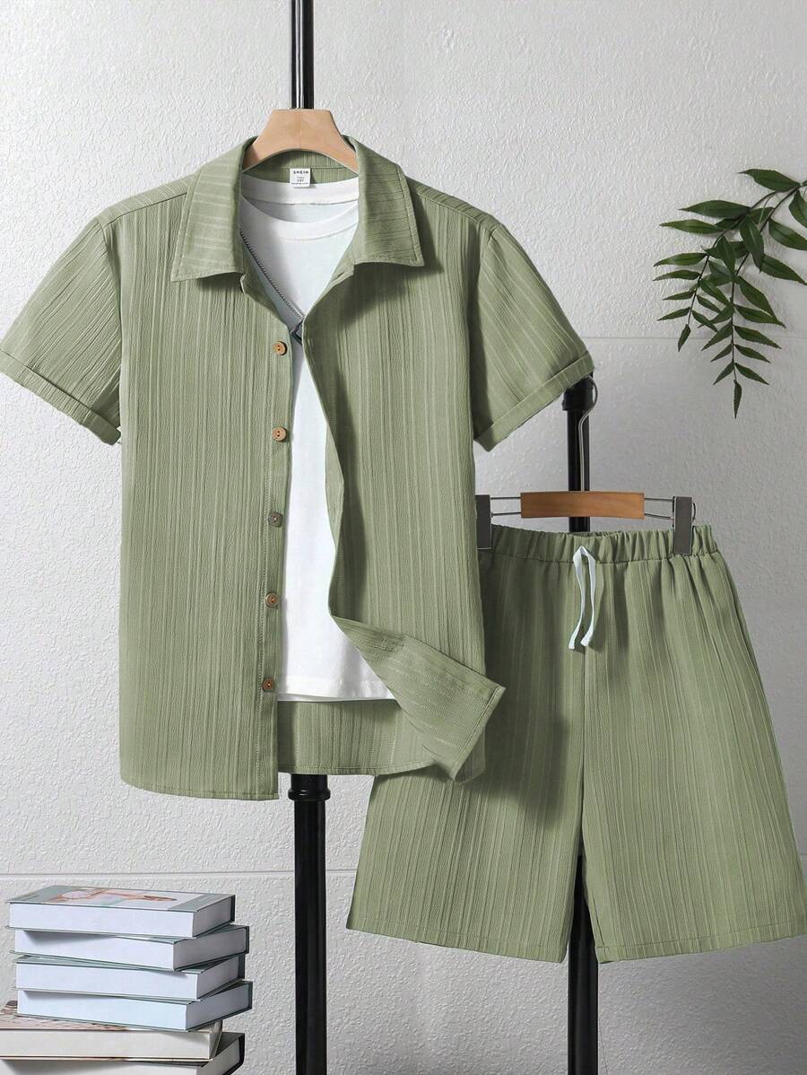 Set van 2 casual effen shirts en shorts voor tienerjongens, zomer